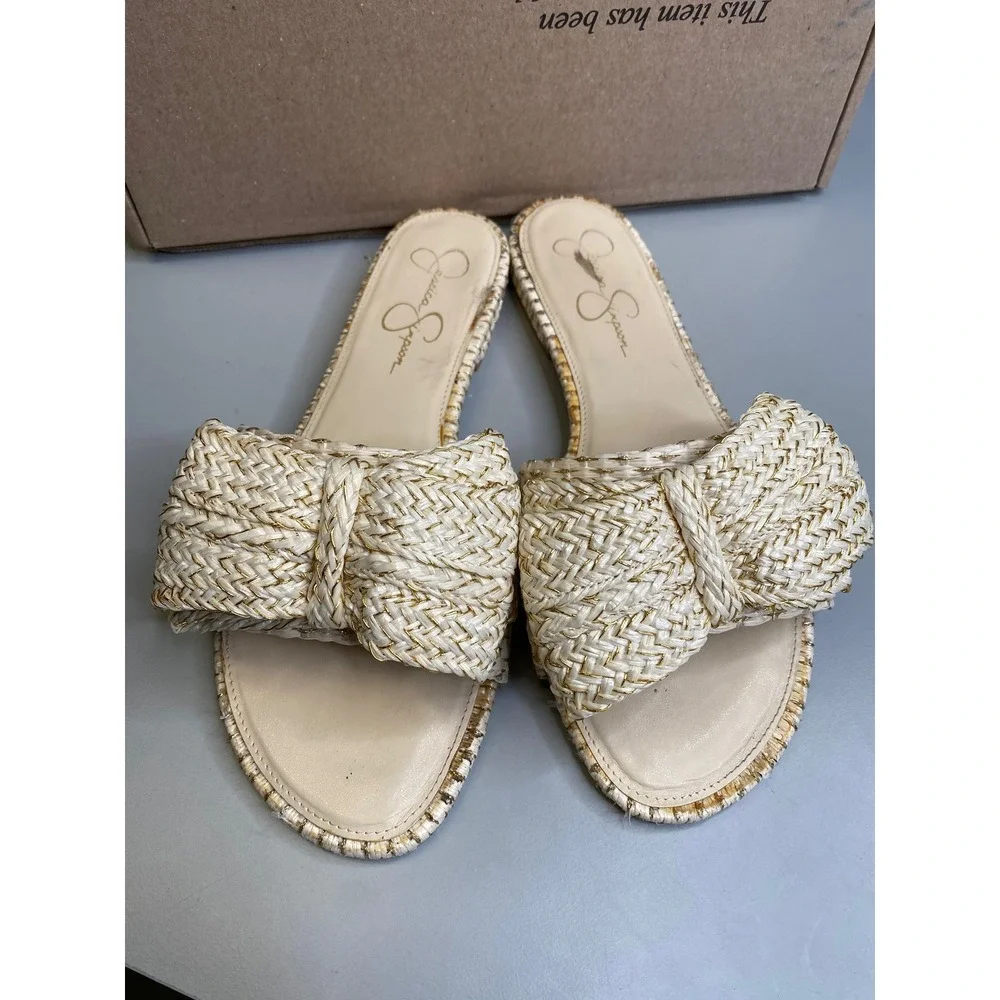 Jessica Simpson Womens Gold Cream Woven Raffia Bow Slide Sandals Size 10M 42